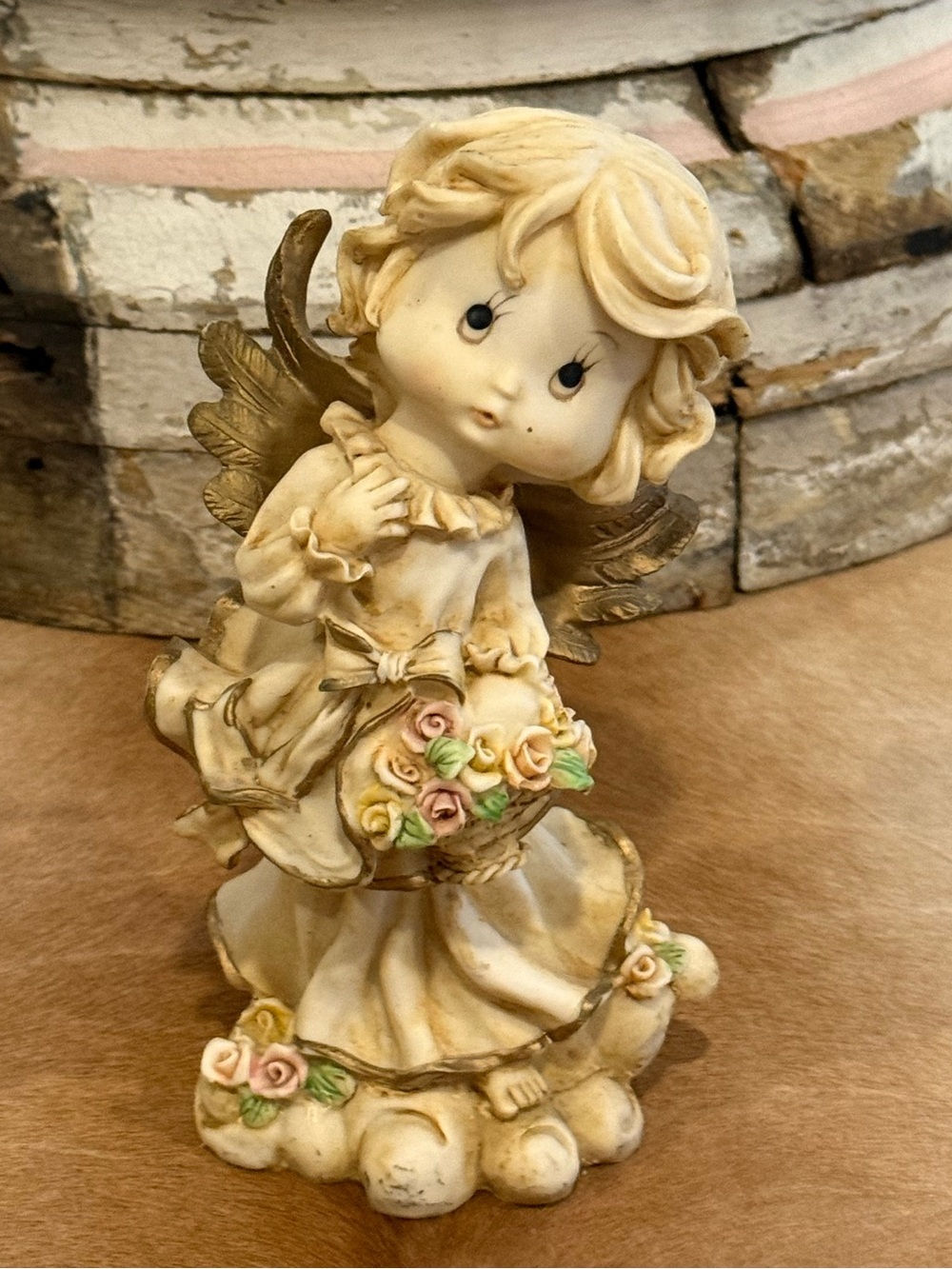 Vintage Cherubic Angel Figurine Holding Basket of Flowers